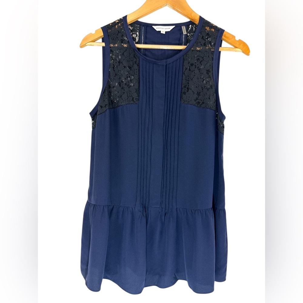 Rebecca Taylor Silk Lace Peplum Top Navy Black Sleeveless Women’s Size 8